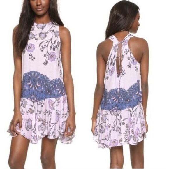 Free People Dresses & Skirts - Free People Lavender Floral Mini Dress with Blue Waist Panel